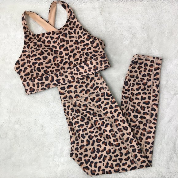 Fabletics Women's Leopard Print Sports Bra + Power Hold Pants, Medium - Picture 1 of 12
